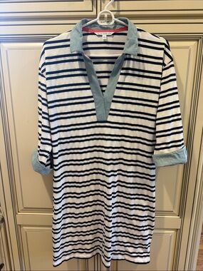 Southern Tide White Polo with Navy stripes